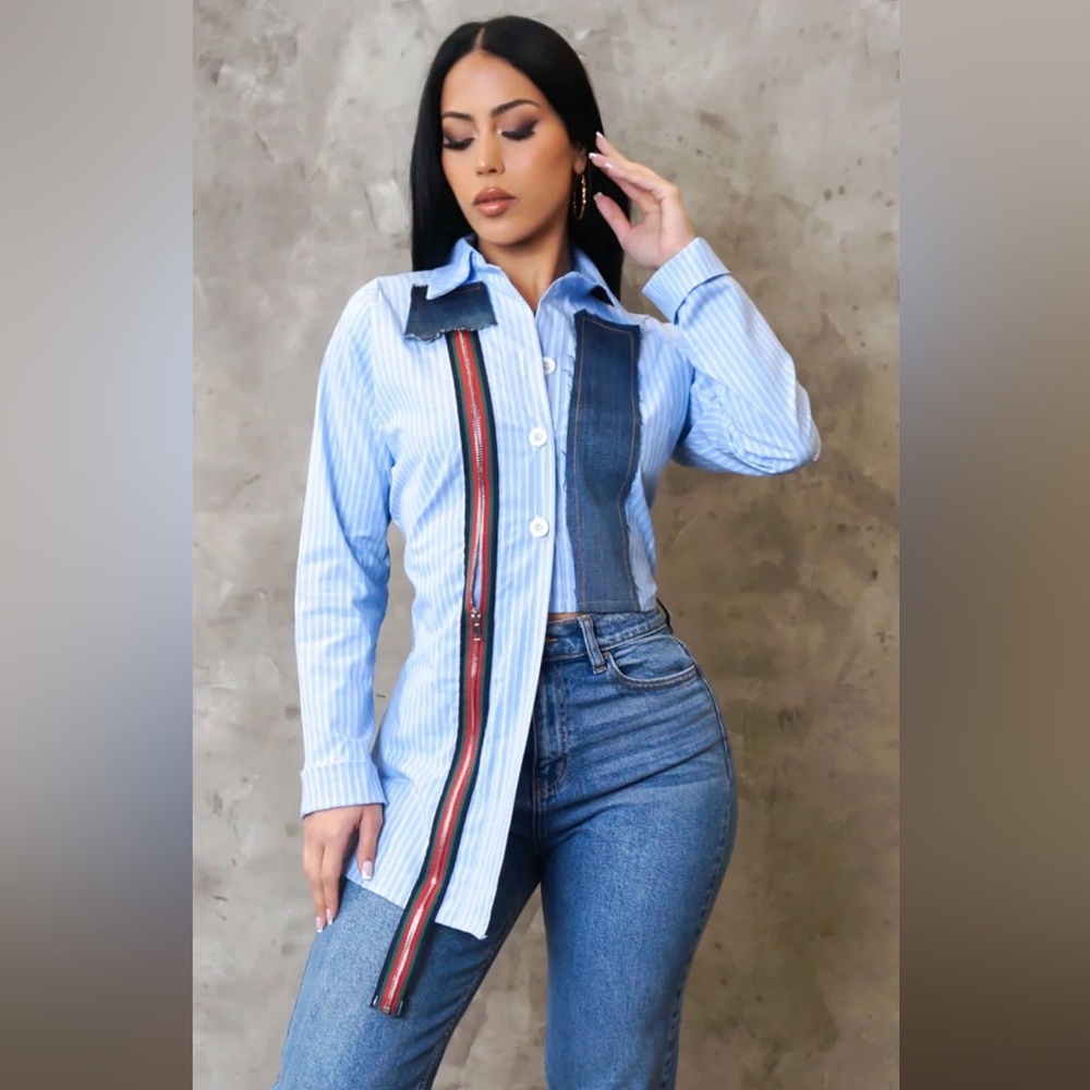 Striped Blue Button-Front Shirt with Denim Panel
